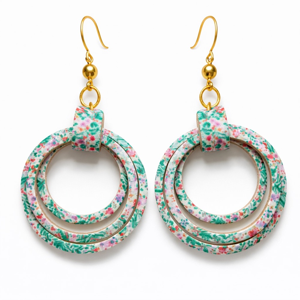 Floral Gold tri-Hoop leather Earrings